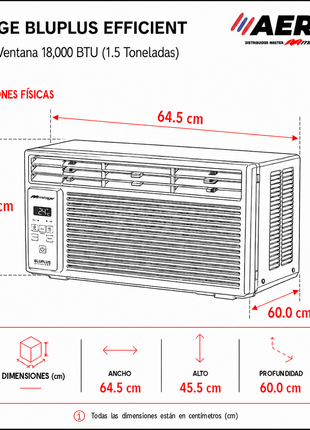 AIRE ACONDICIONADO DE VENTANA 1.5 TONS, BLU PLUS EFFICIENT, R32, 220 V