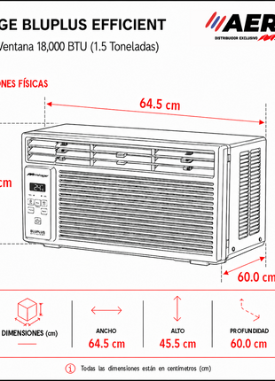 AIRE ACONDICIONADO DE VENTANA 1.5 TONS, BLU PLUS EFFICIENT, R32, 220 V
