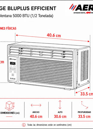 AIRE ACONDICIONADO DE VENTANA 0.5 TON, BLU PLUS R32, 115 V, EER = 3.41 W/W