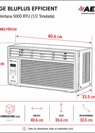 AIRE ACONDICIONADO DE VENTANA 0.5 TON, BLU PLUS R32, 115 V, EER = 3.41 W/W