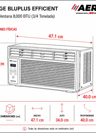 AIRE ACONDICIONADO DE VENTANA 8,000 BTU, BLU PLUS, R32, SOLO ENFRIAMIENTO, 115V