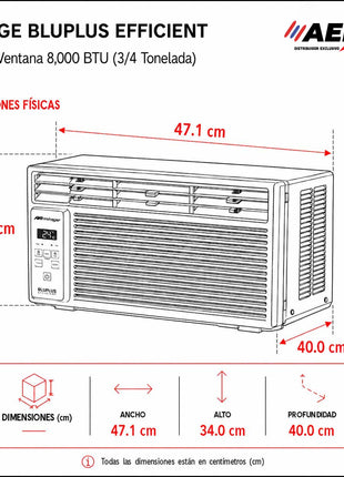 AIRE ACONDICIONADO DE VENTANA 8,000 BTU, BLU PLUS, R32, SOLO ENFRIAMIENTO, 115V