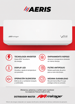 INVERTER V32 / SOLO FRÍO, 1.5 TON, 220 V, Minisplit, Blanco, 18000 BTU, R32 Bajo Impacto Ambiental, 17.5 SEER
