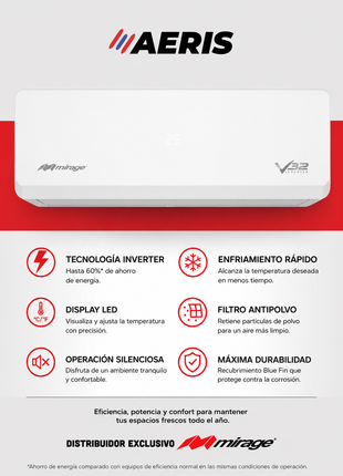 INVERTER V32 / SOLO FRÍO, 1.5 TON, 220 V, Minisplit, Blanco, 18000 BTU, R32 Bajo Impacto Ambiental, 17.5 SEER