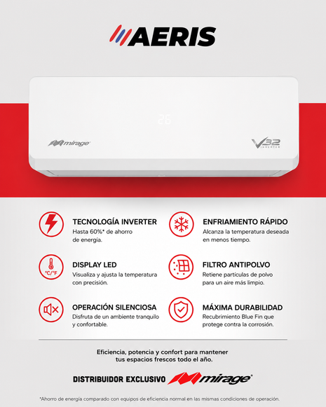 INVERTER V32 / SOLO FRÍO, 1.5 TON, 220 V, Minisplit, Blanco, 18000 BTU, R32 Bajo Impacto Ambiental, 17.5 SEER