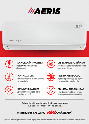 INVERTER X32 / SOLO FRÍO, 1.5 TON, 220 V, Minisplit, Blanco, 18000 BTU, R32 Bajo Impacto Ambiental, 16.7 SEER, SETCWF181E