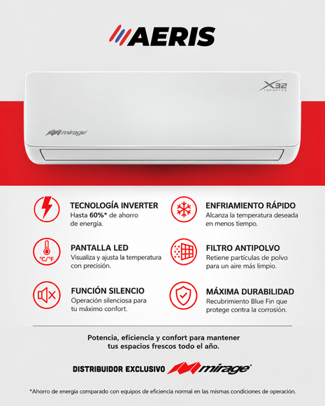 INVERTER X32 / SOLO FRÍO, 1 TON, 220V, Minisplit, Blanco, 12000 BTU, R32 Bajo Impacto Ambiental, 16.8 SEER
