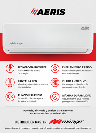 INVERTER X32 / SOLO FRÍO, 1 TON, 110 V, Minisplit, Blanco, 12000 BTU, R32 Bajo Impacto Ambiental, 17.4 SEER