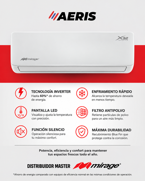 INVERTER X32 / SOLO FRÍO, 1 TON, 220V, Minisplit, Blanco, 12000 BTU, R32 Bajo Impacto Ambiental, 16.8 SEER