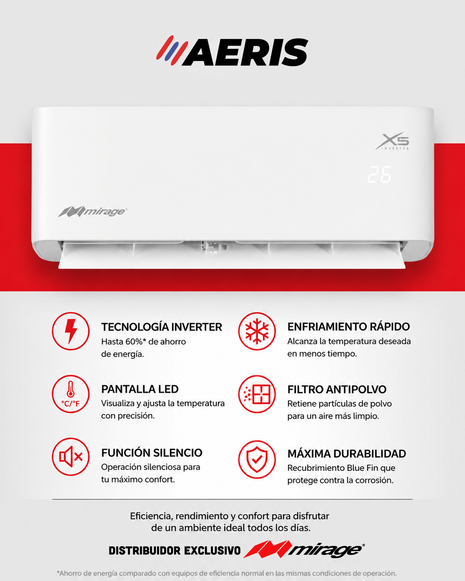 INVERTER X5 WIFI / SOLO FRÍO, 1 TON, 220V, Minisplit, Blanco, 12000 BTU, R32 Bajo Impacto Ambiental, 17.6 SEER