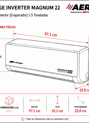 MAGNUM 22   /   SOLO FRIO, 1.5 TON, 220V, R410a, 18000 BTU, Minisplit