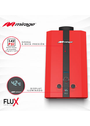 Boiler de Gas LP Mirage FLUX 10L/min | Baja Presión de Agua | Encendido Automático | Instantáneo | Color Rojo | Para 1-2 Servicios
