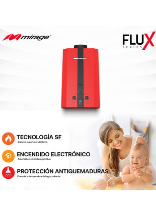 Boiler de Gas LP Mirage FLUX 16L/min | Baja Presión de Agua | Encendido Automático | Alta Capacidad | Color Rojo | Hasta 3 Servicios