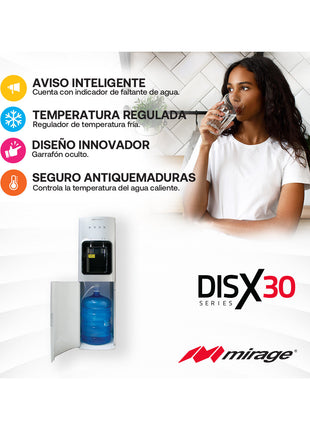 Dispensador de Agua Mirage DISX30 MDD30HC  | 3 Temperaturas | Carga Inferior | Compresor | Acero Inoxidable | 110 cm Alto
